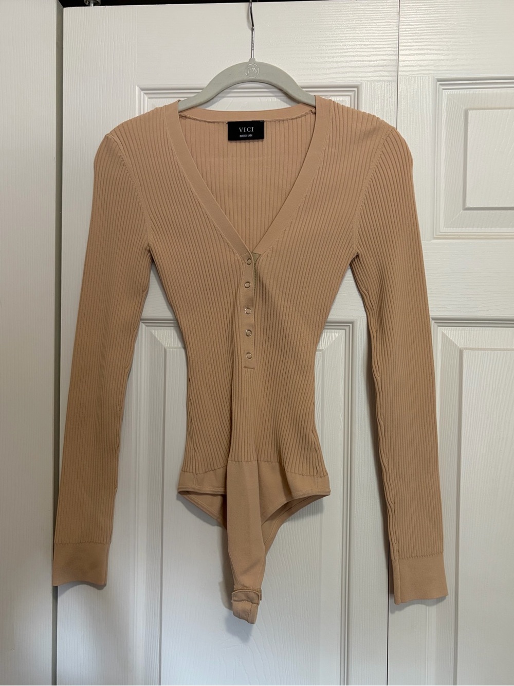 VICI Tan Ribbed V-Neck Button-Front Long Sleeve Bodysuit